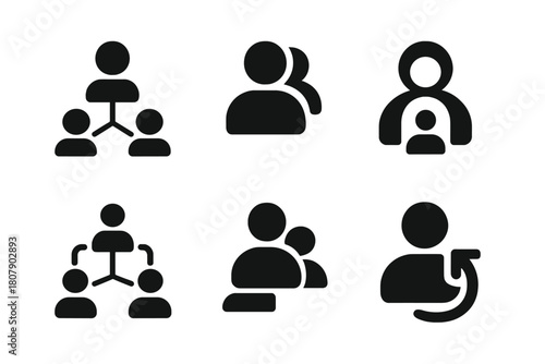 Connected Avatar Icons. Digital avatars and evolving identity. Icon set. Set Logo of Connected Avatars: Multiple digital profiles networked. Negative space,