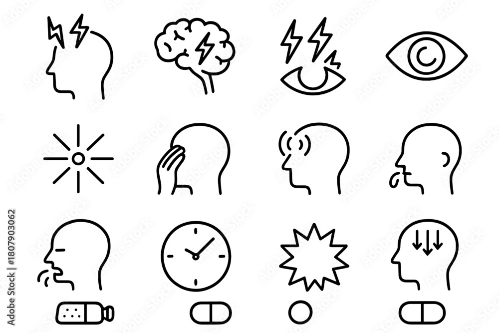 Naklejka premium Migraine Icons Grid. Migraine icons. Line icon set of Migraine icons: head with pain, brain, lightning bolt, eye, headache symbol, hand on temple, pulsating