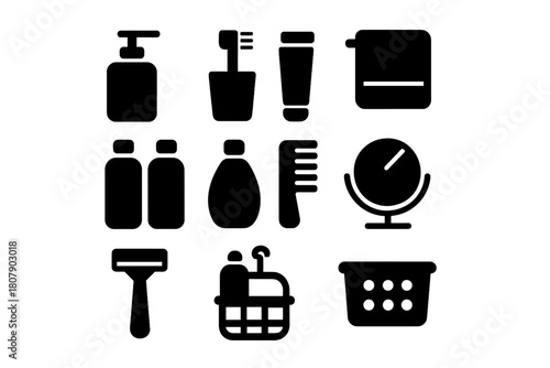 Bathroom Essentials Icons. Bathroom essentials. Line icon set of bathroom essentials: towel, soap bar, toothbrush, toothpaste, shampoo bottle, shower head,