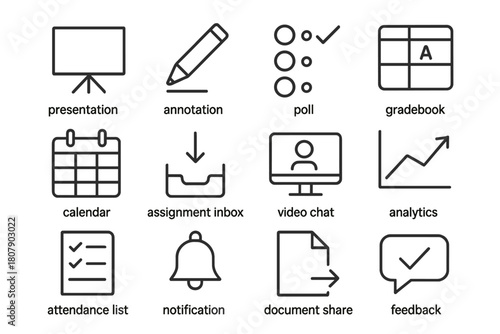 Online Teacher Tools Icons. Teacher tools online. Line icon set of online teacher tools: presentation slide, annotation pen, poll, gradebook, calendar,