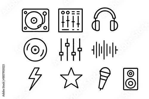 DJ Culture Icons. DJ culture. Line icon set of DJ culture: turntable, mixer, headphone, record, fader, soundwave, lightning bolt, star, microphone, vinyl,