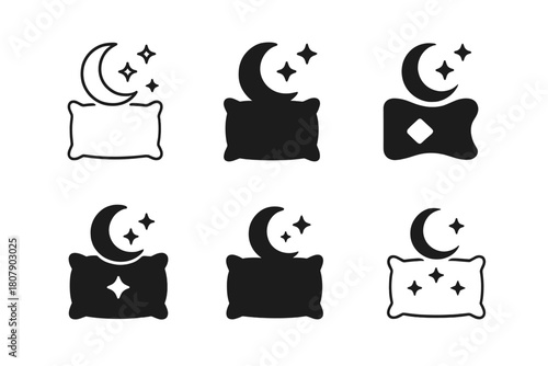 Sleep Emblem Variations. Sleep-induced relaxation. Icon set. Set Logo of Sleep-induced relaxation: moon and stars above pillow. harmonious logo variations of