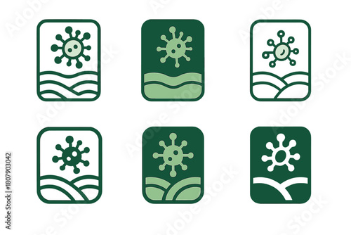 AgriTech Startup Icons. Startups in agriculture technology. Icon set. Set Logo of Startups in agriculture technology: soil health test kit with microbe icon.
