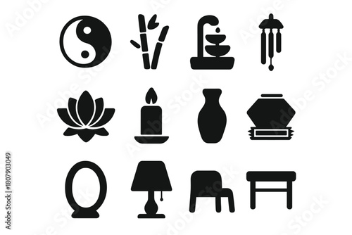 Feng Shui Icons. Feng Shui decor. Solid icon set of Feng Shui decor: water fountain, yin yang, bamboo plant, candle, lotus flower, wind chime, mirror, vase,