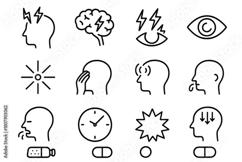Migraine Icons Grid. Migraine icons. Line icon set of Migraine icons: head with pain, brain, lightning bolt, eye, headache symbol, hand on temple, pulsating