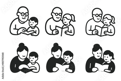 Family Connection Icons. Kids with their grandparents and elderly family members. Icon set. Set Logo of family connection: shared meal at table. harmonious