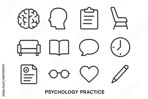 Psychology Icon Set. Psychology practice. Line icon set of psychology practice: brain, head profile, clipboard, therapist chair, couch, book, speech bubble,