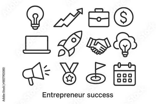 Entrepreneur Icon Set. Entrepreneur success. Line icon set of entrepreneur success: light bulb, graph arrow, briefcase, coin, laptop, rocket, calendar,