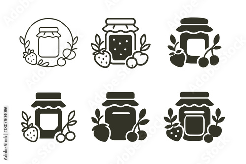 Homemade Jam Icon Set. Making your own homemade jam. Icon set. Set Logo of Homemade Jam: mason jar with fruit wreath decoration. harmonious logo variations of