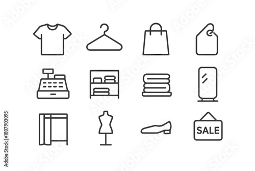 Apparel Store Icons. Apparel store. Line icon set of apparel store: T-shirt, hanger, shopping bag, tag, cash register, shelf, folded clothes, mirror, fitting