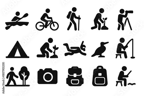 Eco Activities Icons. Eco-activities. Solid icon set of Eco-activities: kayaking, cycling, hiking, birdwatching, camping, planting tree, snorkeling, wildlife