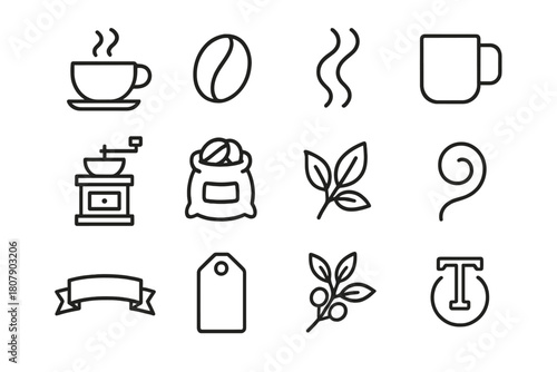 Coffee Icon Set. Coffee shop design. Line icon set of coffee shop design: coffee cup, mug, coffee bean, steam, aroma swirl, leaf, grinder, sack, label tag,