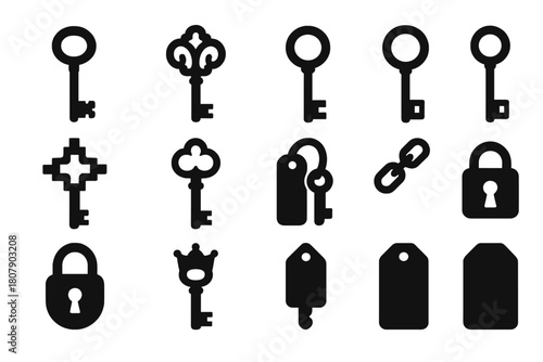 Antique Key Icons. Antique Keys. Solid icon set of Antique Keys: skeleton key, ornate handle, heart bow, circular ring, square bit, cross cut, gothic key, loop