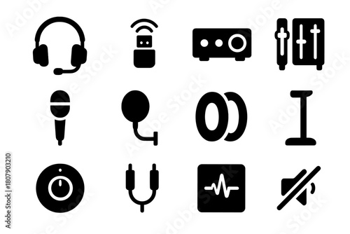 Gaming Audio Icons. Audio for Gaming. Solid icon set of Audio for Gaming: headset, wireless dongle, DAC amp, mixer, microphone, pop filter, ear cushions,