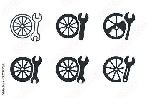 Bicycle Repair Icons. fixing a bicycle. Icon set. Set Logo of fixing a bicycle: oiling the bike chain. harmonious logo variations of the same emblematic