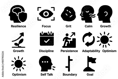 Mental Strength Icons. Mental Strength. Solid icon set of Mental Strength: resilience shield, focus eye, grit rock, calm breath, growth arrow, discipline