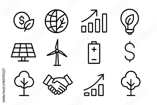 Green Investment Icons. Green Investment. Line icon set of Green Investment: coin, leaf, globe, chart, light bulb, solar panel, wind turbine, battery, dollar