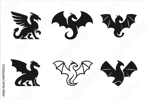 Winged Creatures Logos. Winged creatures. Icon set. Set Logo of Winged creatures: Angel wings. harmonious logo variations of the same emblematic concept, each