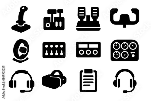 Flight Simulator Icons. Flight Sim Gear. Solid icon set of Flight Sim Gear: joystick, throttle quadrant, rudder pedals, yoke, trim wheel, switch panel, radio
