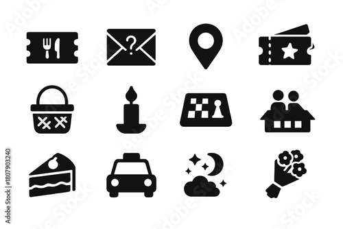 Surprise Date Icons. Surprise Date Night. Solid icon set of Surprise Date Night: reservation ticket, mystery envelope, map pin, cinema ticket, picnic basket,