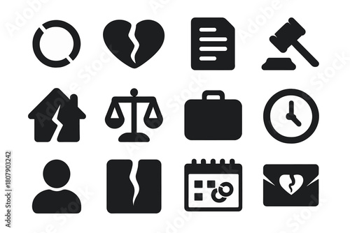 Divorce Icon Set. Divorce. Solid icon set of divorce: broken ring, heart split, document, gavel, house, scales, suitcase, clock, person, paper tear, calendar,