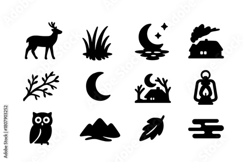 Evening Nature Icons. Evening Nature. Solid icon set of Evening Nature: deer silhouette, tall grass, lake reflection, stars, tree branches, crescent moon,