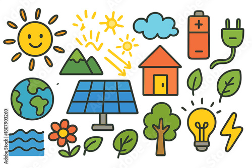 Solar Power Doodle. Solar Power. Colorful Hand-drawn doodle Children illustration Solar Power solar panel, sun, rays, house, battery, plug, cloud, leaf, light
