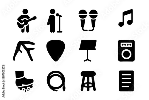 Acoustic Duo Icons. Acoustic Duo. Solid icon set of Acoustic Duo: guitarist, singer, duet mic, harmony notes, capo, pick, music stand, portable amp, foot