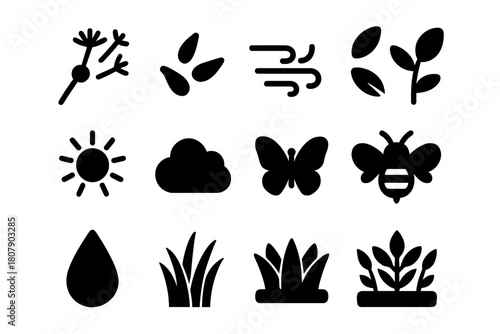 Wind Dispersal Icons. Wind dispersal. Solid icon set of Wind dispersal: dandelion seed puff, seeds, wind, stem, leaf, sun, cloud, butterfly, bee, dew drop,