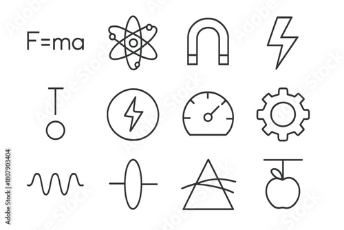 Physics Icon Grid. Physics formulas. Line icon set of physics formulas: F=ma, atom orbit, magnet, lightning bolt, pendulum, energy symbol, speedometer, gear,