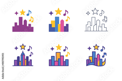 Vibrant City Icons. Vibrant city life. Icon set. Set Logo of vibrant city life: modern city skyline with rising sun. harmonious logo variations of the same