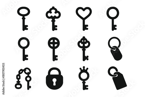 Antique Key Icons. Antique Keys. Solid icon set of Antique Keys: skeleton key, ornate handle, heart bow, circular ring, square bit, cross cut, gothic key, loop