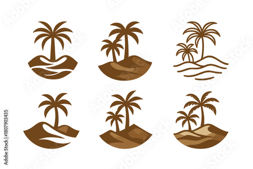 Oasis Logo Variations. Shifting Sands. Icon set. Set Logo of Shifting Sands: oasis palm cluster emerging from dunes. harmonious logo variations of the same