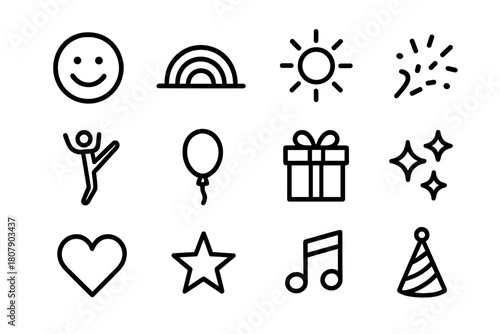 Joyful Icons Collection. Moments of joy. Line icon set of moments of joy: smiling face, rainbow, sun, confetti, dancing person, balloon, gift box, sparkles,