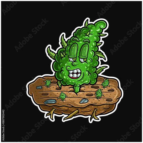 Cartoon Mascot Character of Weed Bud in the field with dope expression. Perfect For Sticker, Label, Cover, Packaging, tshirt, business merchandise and Product Design