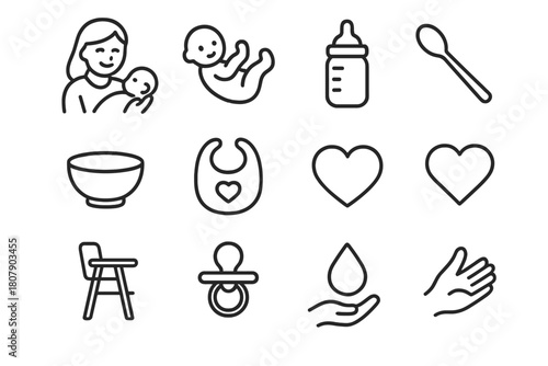 Mother Feeding Icons. Mother Smiling While Feeding. Line icon set of Mother Smiling While Feeding: mother silhouette, baby, bottle, spoon, bowl, bib, heart,