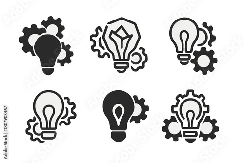 Innovative Business Logos. A group of entrepreneurs discussing business growth and scalability. Icon set. Set Logo of innovation: lightbulb surrounded by