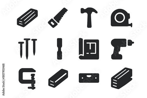 Woodworking Tools Icons. Wood framing. Solid icon set of wood framing: lumber, saw, hammer, measuring tape, nails, chisel, blueprint, drill, clamp, plank,