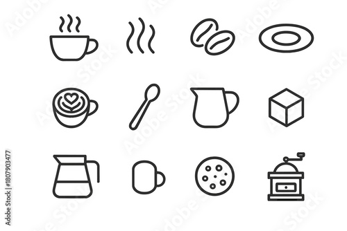 Coffee Icon Collection. Coffee design concepts. Line icon set of coffee design concepts: coffee bean, cup, steam, leaf, grinder, sack, aroma swirl, label tag,