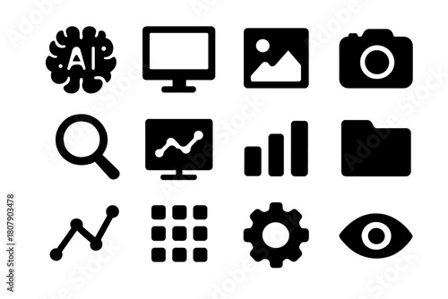 AI Imaging Icons. AI Imaging. Solid icon set of AI Imaging: AI brain, computer monitor, photo, camera, magnifying glass, chart, histogram, folder, data graph,