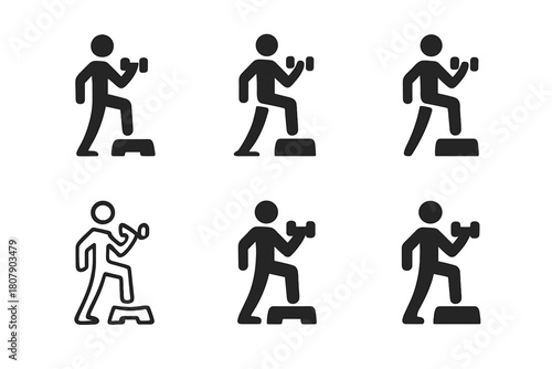 Step Aerobics Icons. Step aerobics. Icon set. Set Logo of Step aerobics: Fitness timer. harmonious logo variations of the same emblematic concept (Negative