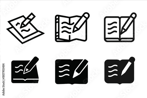 Sketchbook Logo Variations. Sketchbook and pencil on desk. Icon set. Set Logo of sketchbook and pencil on desk: pencil and notebook angled view. harmonious