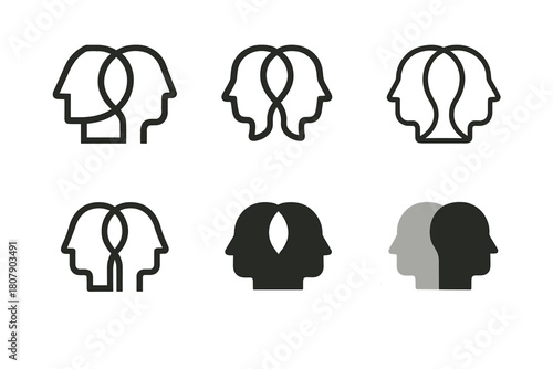 Mind Duality Icons. Duality of mind. Icon set. Set Logo of Duality of mind: Yin-yang human head. harmonious logo variations of the same emblematic concept,