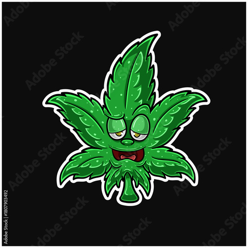 Cartoon Mascot Character of Cannabis leaves with high expression and enjoy. Perfect For Sticker, Label, Cover, Packaging, tshirt, business merchandise and Product Design.
