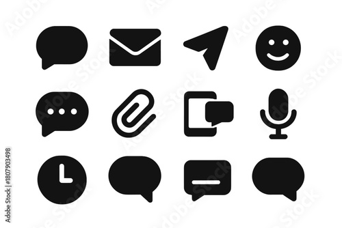 Messaging Icons Set. Messaging icons. Solid icon set of Messaging icons: chat bubble, message box, send icon, emoji, typing dots, attachment clip, phone