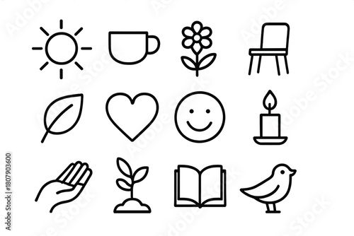 Simplicity Icons Collection. Joy of simplicity. Line icon set of joy of simplicity: sun, cup, flower, chair, leaf, heart, smile, candle, hand, plant, book,