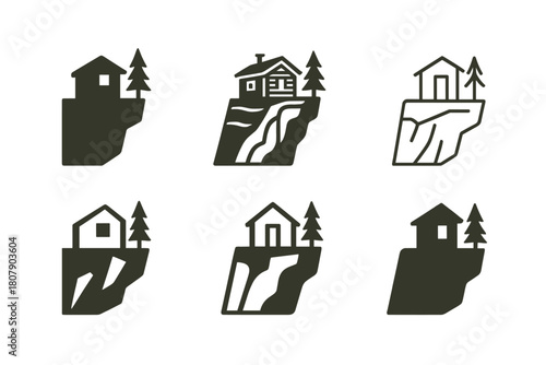 Eco-Lodge Icon Set. Themed eco-lodges and off-grid retreats. Icon set. Set Logo of themed eco-lodges and off-grid retreats: cliffside retreat cabin. harmonious