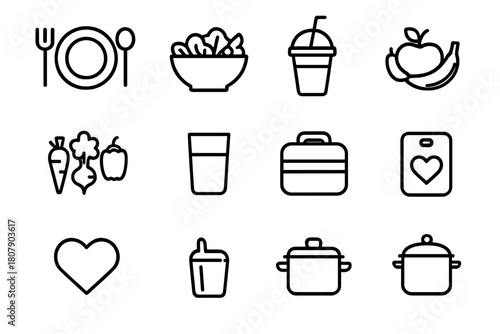 Healthy Family Meal Icons. Healthy family meals. Line icon set of healthy family meals: plate, fork, spoon, salad bowl, smoothie cup, fruit, vegetables, water