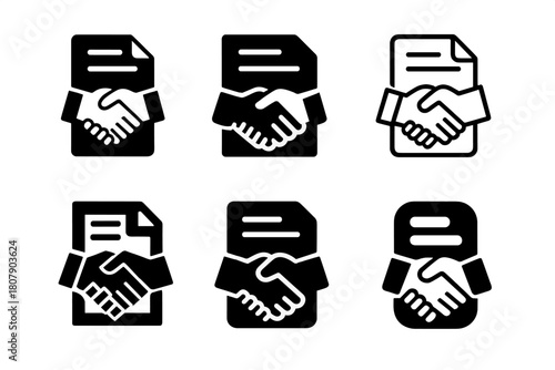 Trust Agreement Icons. Bonds and securities. Icon set. Set Logo of trust agreement: handshake over document. harmonious logo variations of the same emblematic