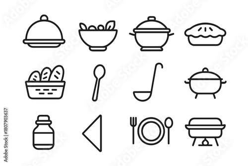 Festive Potluck Icons. Festive potluck dinner. Line icon set of festive potluck dinner: covered dish, salad bowl, soup tureen, pie, bread basket, serving